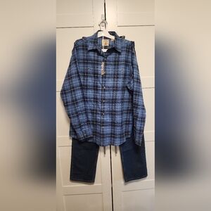 Red Head 2 pc Outfit long sleeved Flannel shirt medium & Dark Blue Jeans 34x32